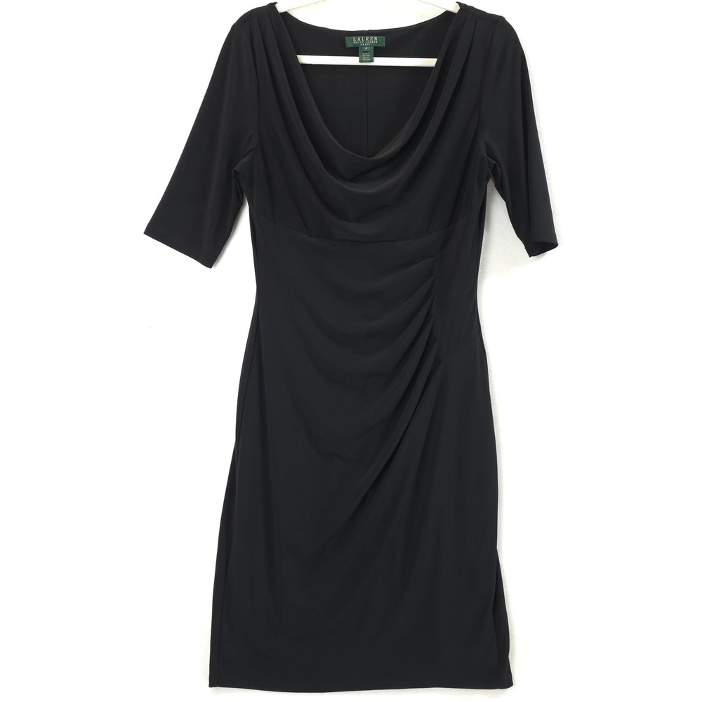 Lauren Ralph Lauren Sheath Dress Cowl Neck Ruched Black Womens 8 Classic Chic